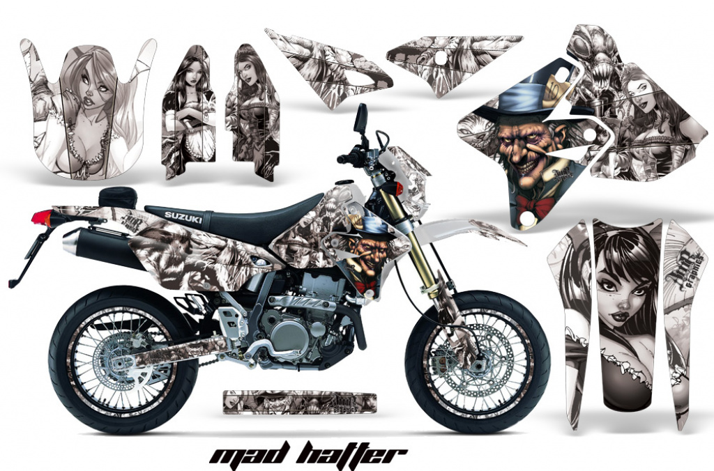 Mad-Hatter Hintergrund = Weiß, Designfarbe = Sllber mit Nummernfeldern für Suzuki DRZ 400 S/SM 2000-2023