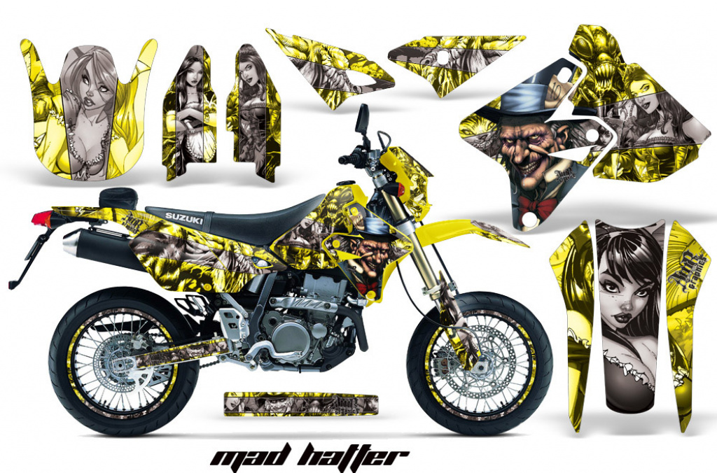 Mad-Hatter Hintergrund = Gelb, Designfarbe = Silber mit Nummernfeldern für Suzuki DRZ 400 S/SM 2000-2023