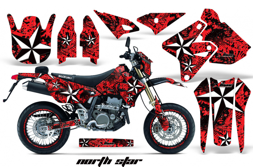 Northstar Hintergrund = Rot, Designfarbe = Weiß mit Nummernfeldern für Suzuki DRZ 400 S/SM 2000-2023
