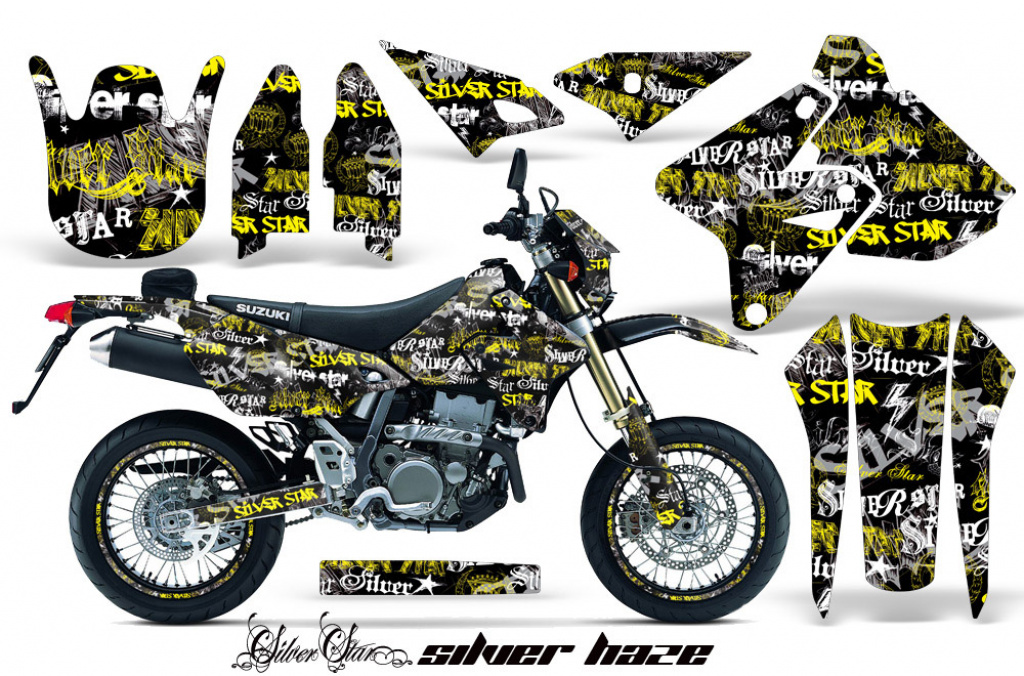 SilverStar-Silverhaze Hintergrund = Schwarz, Designfarbe = Gelb mit Nummernfeldern für Suzuki DRZ 400 S/SM 2000-2023