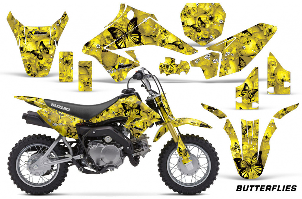 Butterfly Hintergrund = Gelb, Designfarbe = Schwarz mit Nummernfeldern für Suzuki DRZ 70 2008-2016