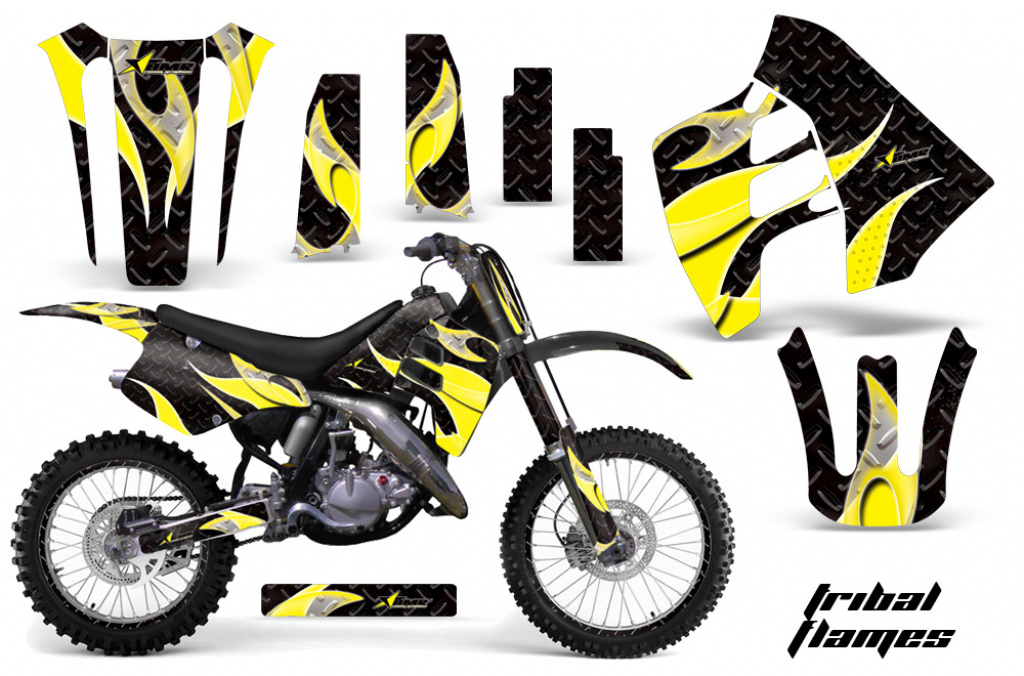 Tribal Flames Hintergrund = Schwarz, Designfarbe = Gelb mit Nummernfeldern für Suzuki RM 125 1992