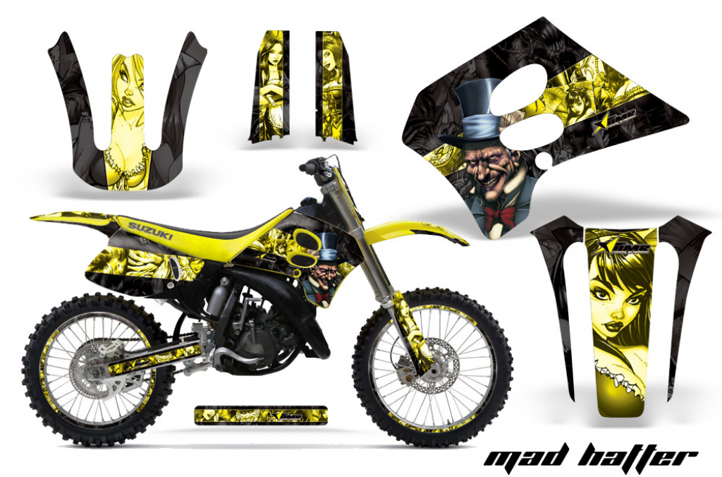 Mad-Hatter Hintergrund = Schwarz, Designfarbe = Gelb mit Nummernfeldern für Suzuki RM 250 1993-1995