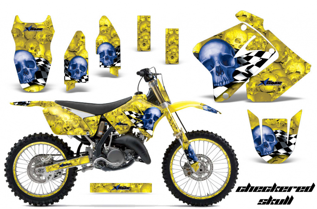 Checkered Skull Hintergrund = Gelb, Designfarbe = Blau mit Nummernfeldern für Suzuki RM 250 2001-2009