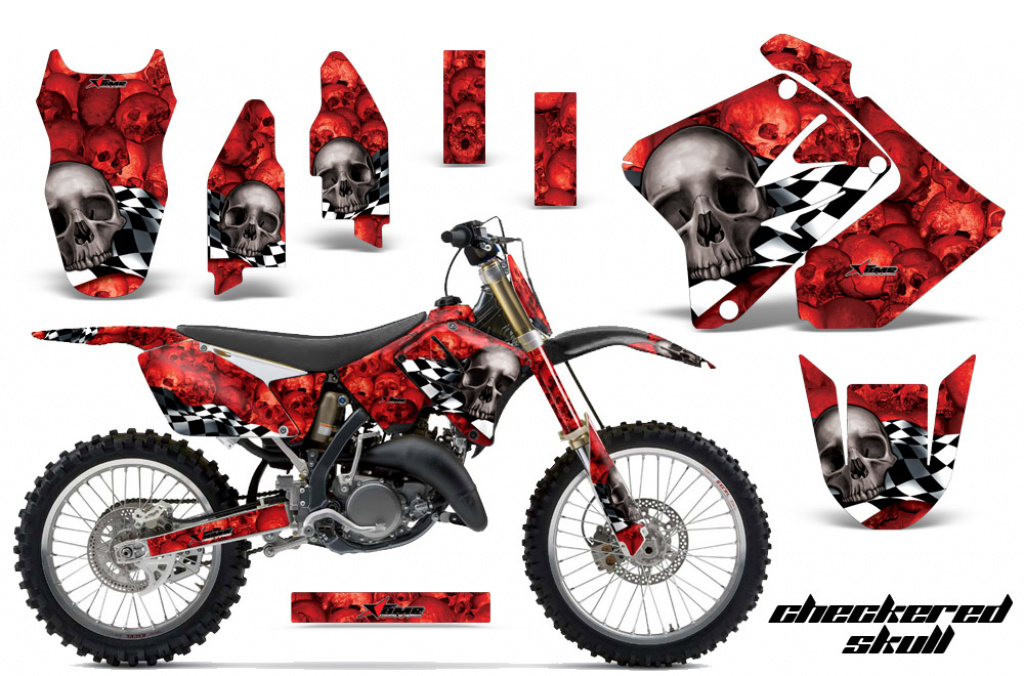 Checkered Skull Hintergrund = Rot, Designfarbe = Silber mit Nummernfeldern für Suzuki RM 250 2001-2009