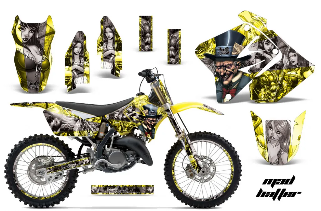 Mad-Hatter Hintergrund = Gelb, Designfarbe = Silber mit Nummernfeldern für Suzuki RM 125 2001-2009