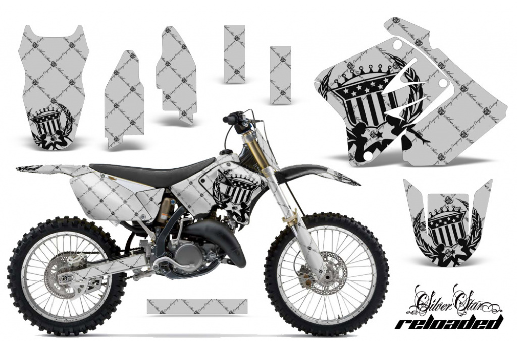 SilverStar-Reloaded Hintergrund = Silber, Designfarbe = Schwarz mit Nummernfeldern für Suzuki RM 250 2001-2009