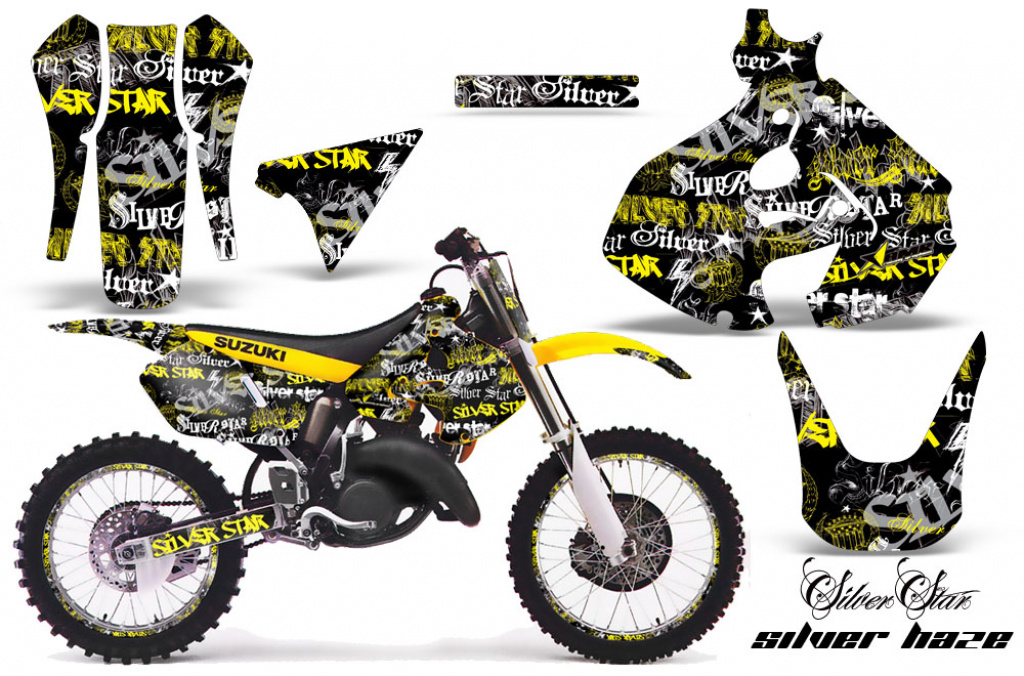 SilverStar-Silverhaze Hintergrund = Schwarz, Designfarbe = Gelb mit Nummernfeldern für Suzuki RM 125 1999-2000