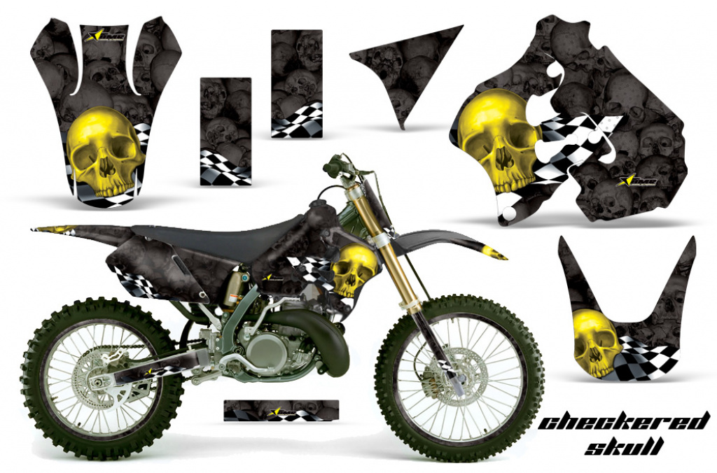 Checkered Skull Hintergrund = Schwarz, Designfarbe = Gelb mit Nummernfeldern für Suzuki RM 250 1996-1998