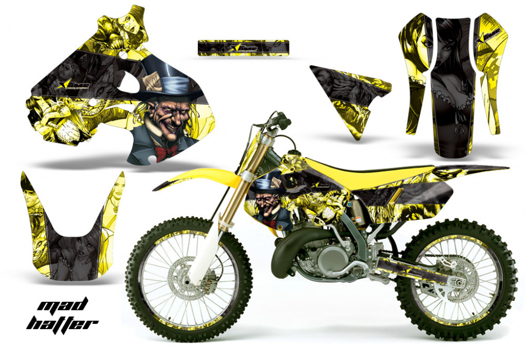 Mad-Hatter Hintergrund = Gelb, Designfarbe = Schwarz mit Nummernfeldern für Suzuki RM 250 1999-2000