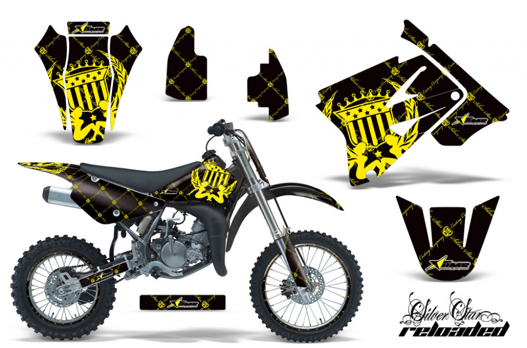 SilverStar-Releaded Hintergrund = Schwarz, Designfarbe = Gelb mit Nummernfeldern für Suzuki RM 85 2001-2023