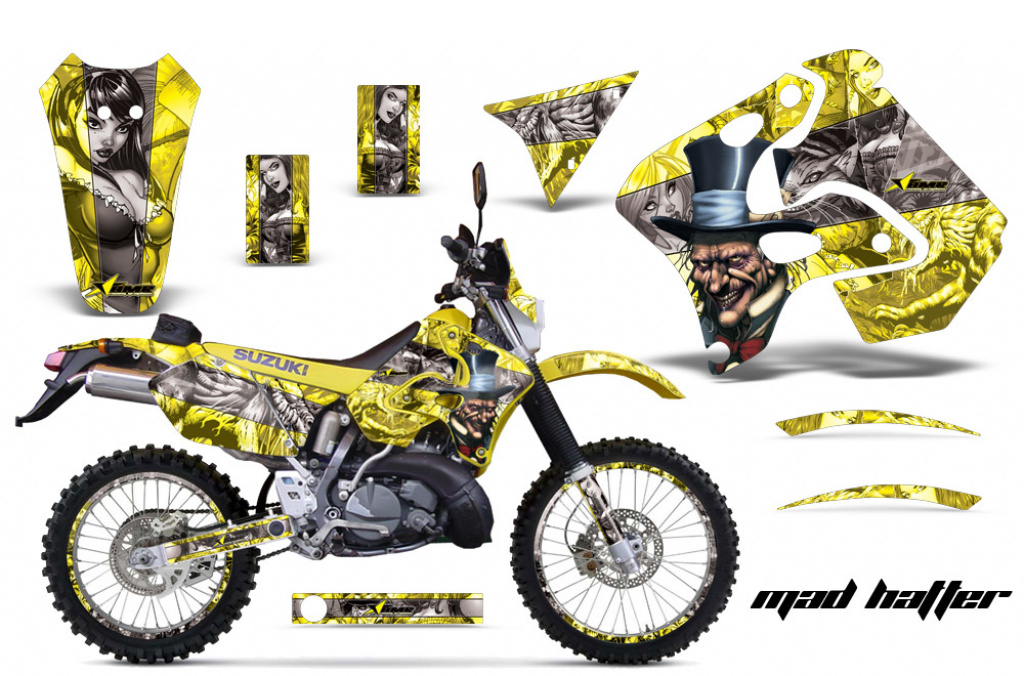 Mad-Hatter Hintergrund = Gelb, Designfarbe = Silber mit Nummernfeldern für Suzuki RMX 250S 1996-1998