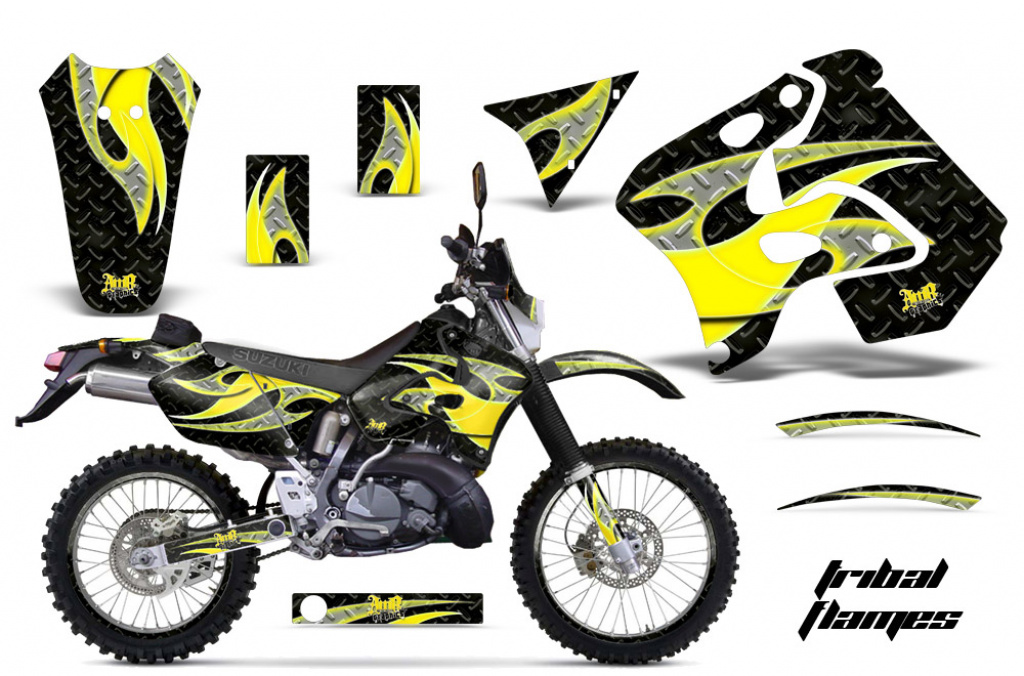 Tribal Flames Hintergrund = Schwarz, Designfarbe = Gelb mit Nummernfeldern für Suzuki RMX 250S 1996-1998