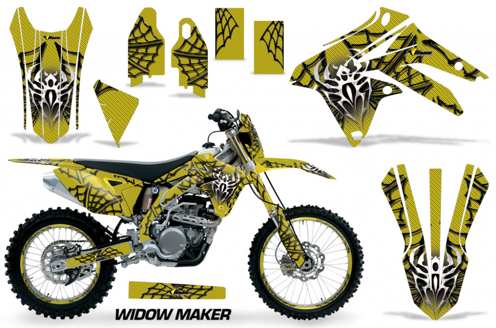Widow Maker Hintergrund = Gelb, Designfarbe = Schwarz mit Nummernfeldern für Suzuki RMX 450Z 2009-2017