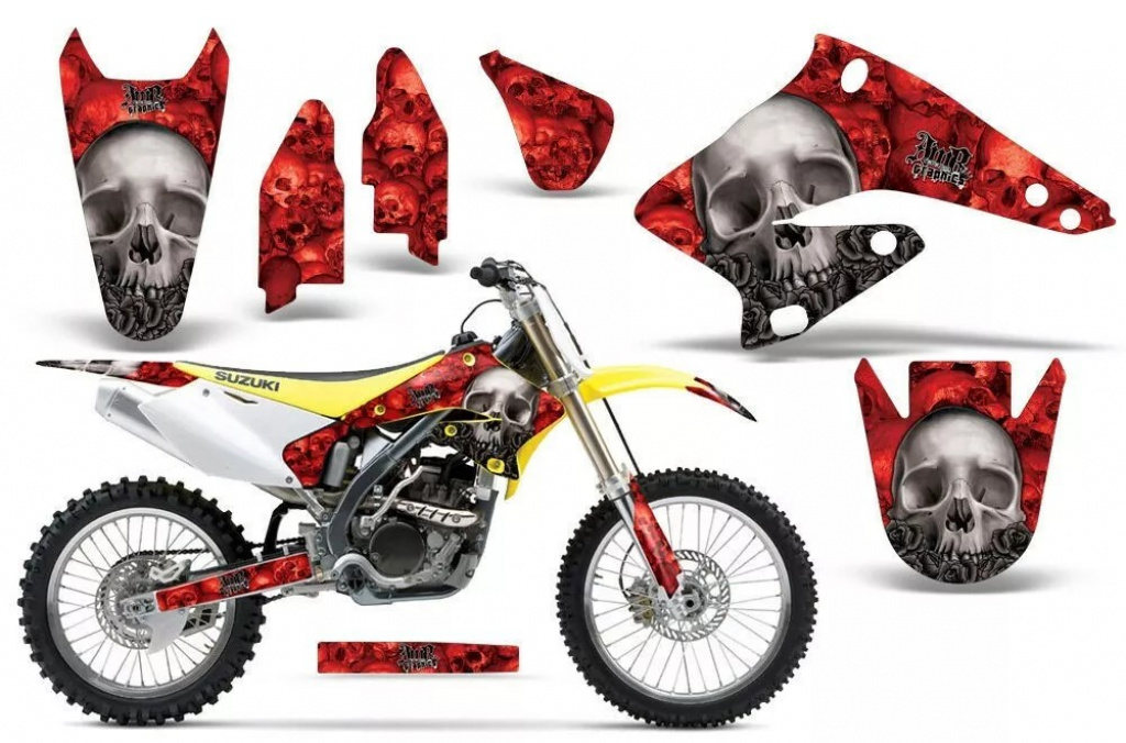 Checkered Skull Hintergrund = Rot, Designfarbe = Silber ohne Nummernfeldern für Suzuki RMZ 250 2004-2006
