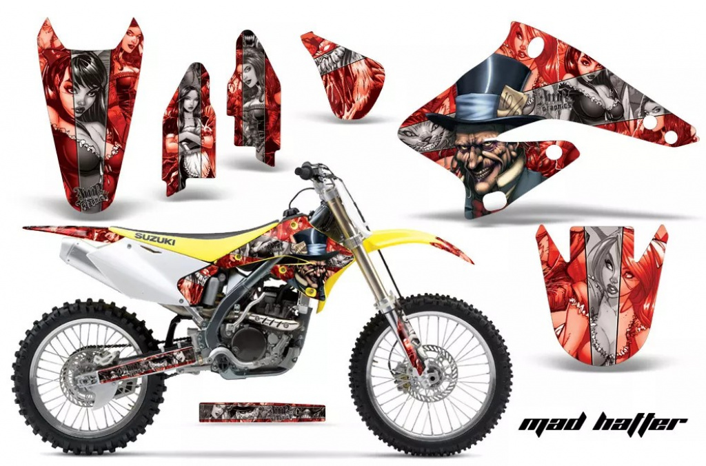 Mad-Hatter Hintergrund = Rot, Designfarbe = Silber ohne Nummernfeldern für Suzuki RMZ 250 2004-2006