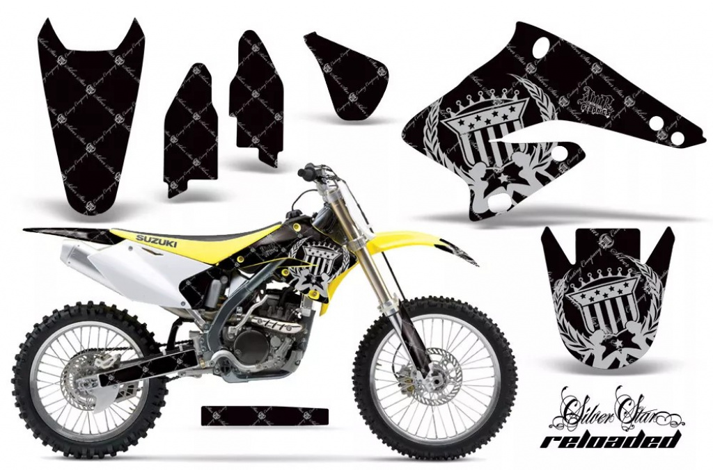 SilverStar-Reloaded Hintergrund = Schwarz, Designfarbe = Silber ohne Nummernfeldern für Suzuki RMZ 250 2004-2006
