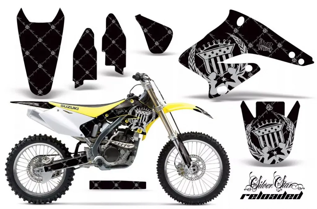 SilverStar-Reloaded Hintergrund = Schwarz, Designfarbe = Silber ohne Nummernfeldern für Suzuki RMZ 250 2004-2006