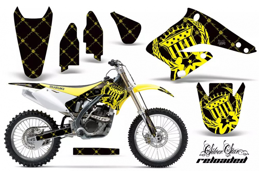 SilverStar-Reloaded Hintergrund = Silber, Designfarbe = Gelb ohne Nummernfeldern für Suzuki RMZ 250 2004-2006
