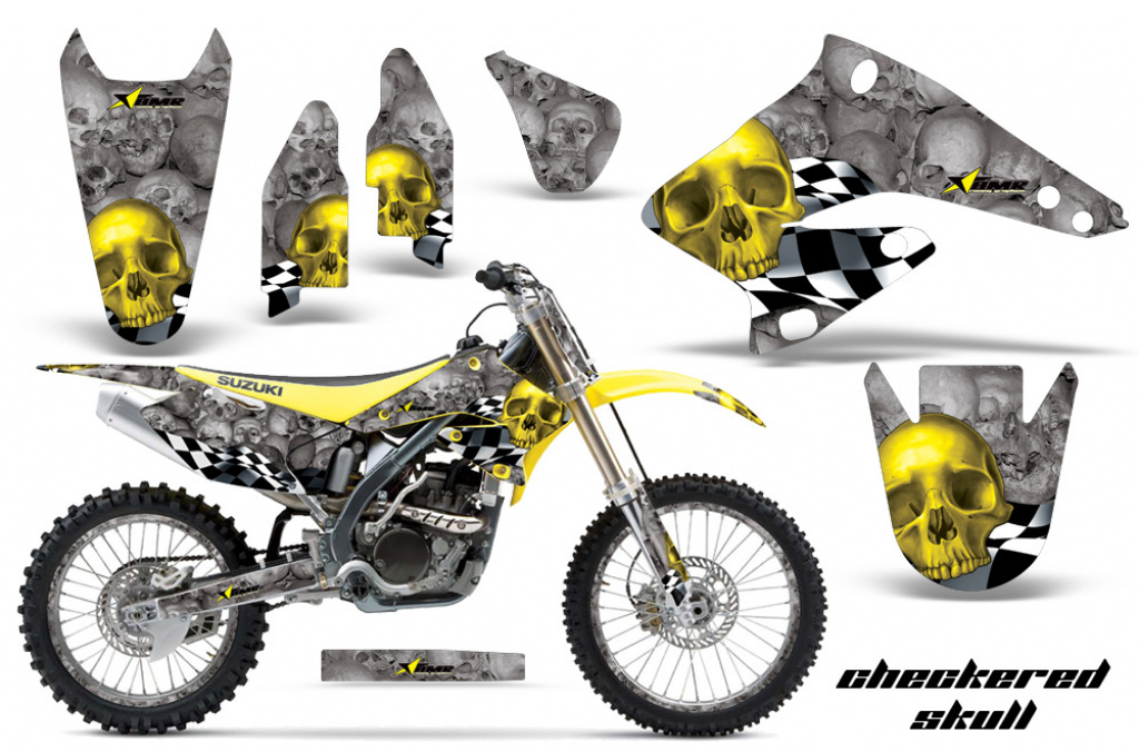 Checkered Skull Hintergrund = Silber, Designfarbe = Gelb mit Nummernfeldern für Suzuki RMZ 250 2004-2006