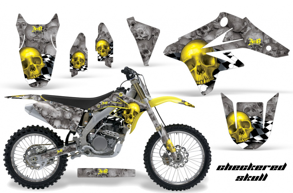 Checkered Skull Hintergrund = Silber, Designfarbe = Gelb mit Nummernfeldern für Suzuki RMZ 250 2007-2009