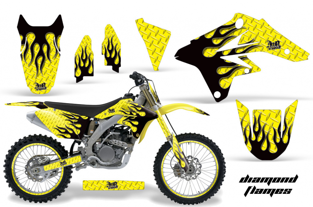 Diamond Flames Hintergrund = Gelb, Designfarbe = Schwarz mit Nummernfeldern für Suzuki RMZ 250 2007-2009