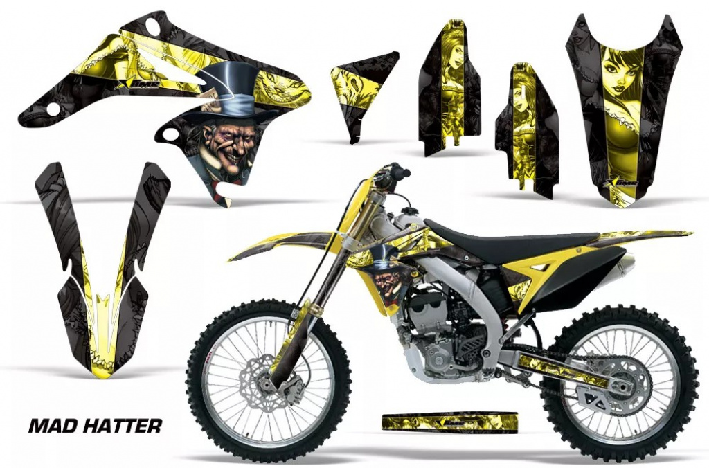 Mad-Hatter Hintergrund = Schwarz, Designfarbe = Gelb mit Nummernfeldern für Suzuki RMZ 250 2010-2018