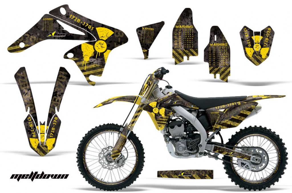 Meltdown Hintergrund = Schwarz, Designfarbe = Gelb mit Nummernfeldern für Suzuki RMZ 250 2010-2018