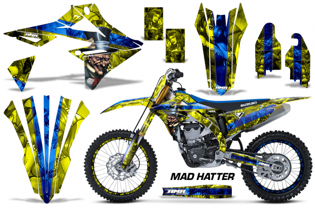 Mad-Hatter Hintergrund = Gelb, Designfarbe = Blau mit Nummernfeldern für Suzuki RMZ 450 2018-2025