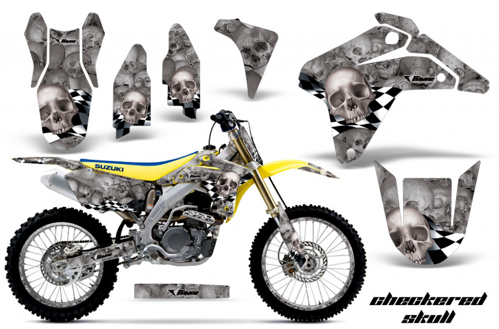 Checkered Skull Hintergrund = Silber, Designfarbe = Silber mit Nummernfeldern für Suzuki RMZ 450 2005-2006