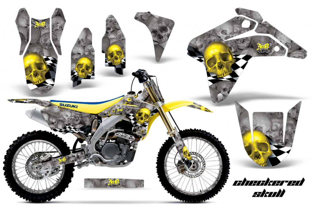 Checkered Skull Hintergrund = Silber, Designfarbe = Gelb mit Nummernfeldern für Suzuki RMZ 450 2005-2006