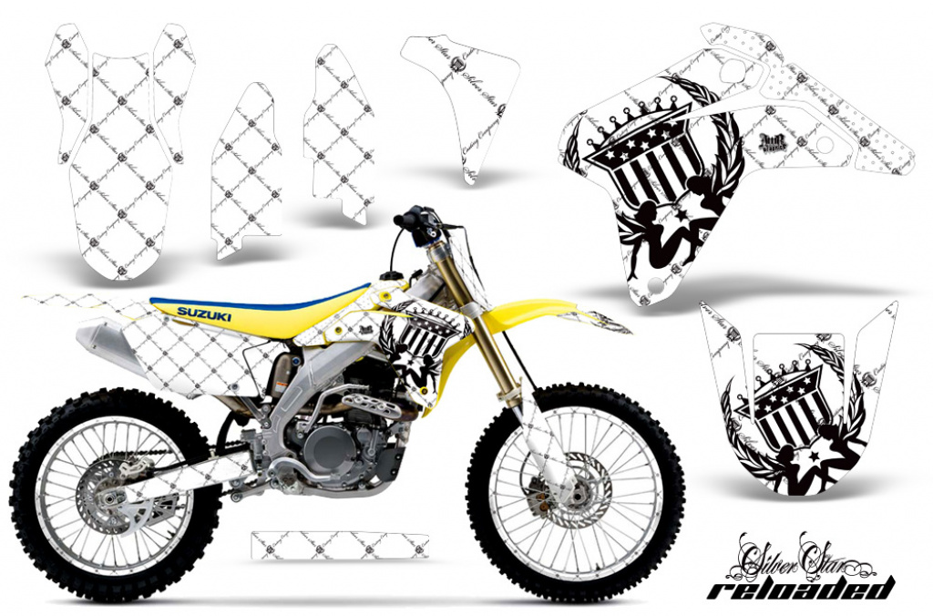 SilverStar-Reloaded Hintergrund = Weiß, Designfarbe = Schwarz mit Nummernfeldern für Suzuki RMZ 450 2005-2006