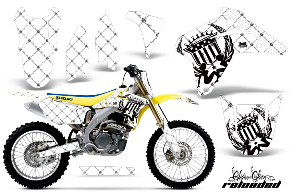 SilverStar-Reloaded Hintergrund = Weiß, Designfarbe = Schwarz mit Nummernfeldern für Suzuki RMZ 450 2005-2006
