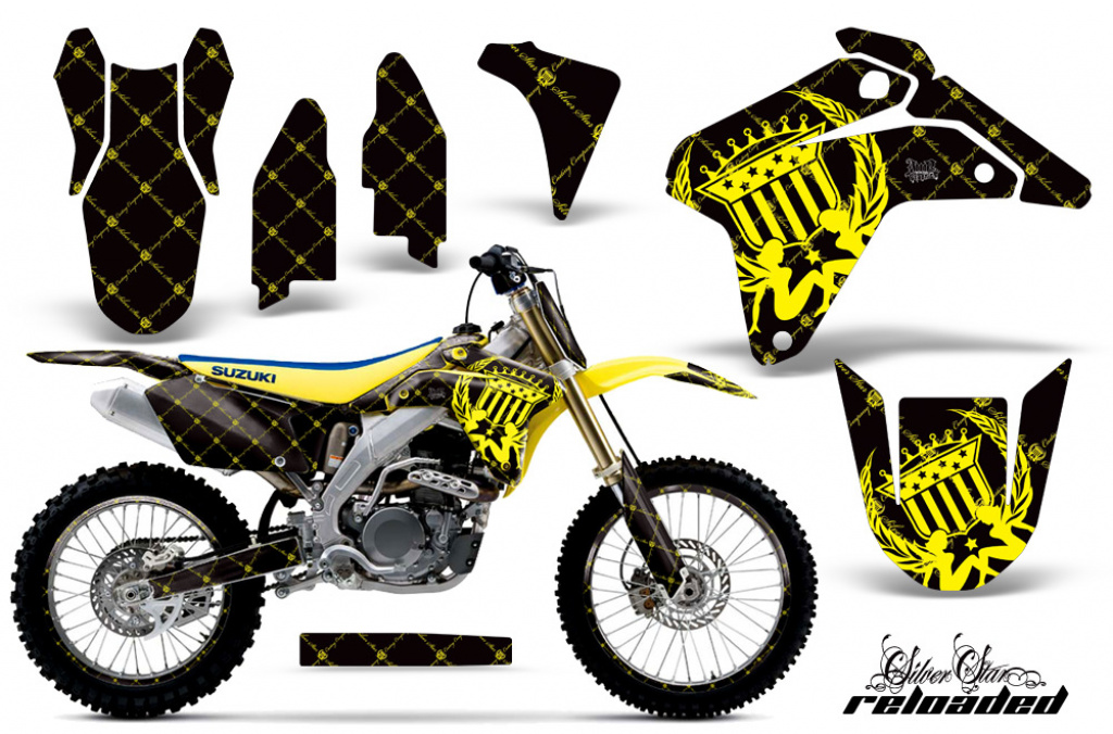 SilverStar-Reloaded Hintergrund = Schwarz, Designfarbe = Gelb mit Nummernfeldern für Suzuki RMZ 450 2005-2006