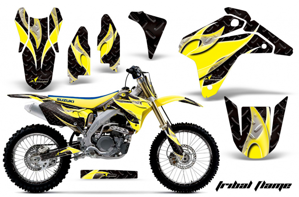 Tribal Flames Hintergrund = Schwarz, Designfarbe = Gelb mit Nummernfeldern für Suzuki RMZ 450 2005-2006