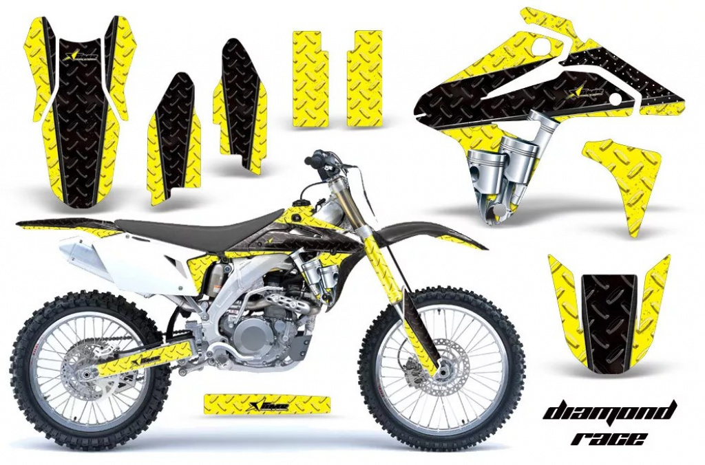 Diamond Race Hintergrund = Gelb, Designfarbe = Schwarz ohne Nummernfeldern für Suzuki RMZ 450 2007