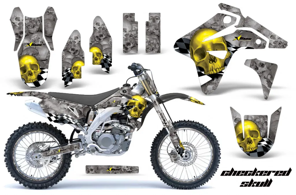 Checkered Skull Hintergrund = Silber, Designfarbe = Gelb mit Nummernfeldern für Suzuki RMZ 450 2007