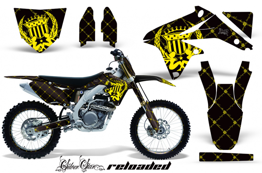SilverStar-Reloaded Hintergrund = Schwarz, Designfarbe = Gelb mit Nummernfeldern für Suzuki RMZ 450 2008-2017