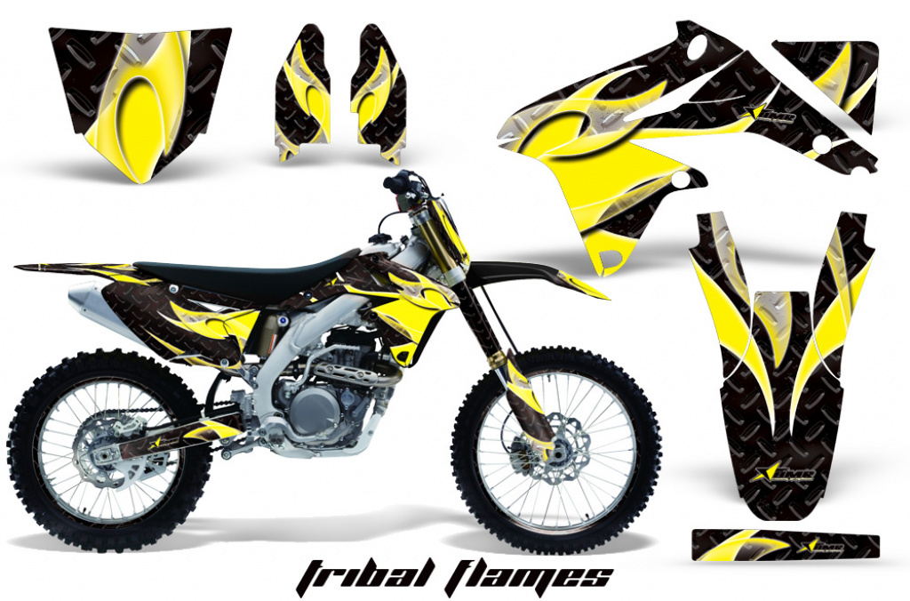 Tribal Flames Hintergrund = Schwarz, Designfarbe = Gelb mit Nummernfeldern für Suzuki RMZ 450 2008-2017