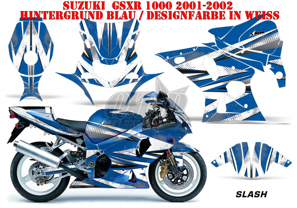 Slash Hintergrund = Blau, Designfarbe = Weiß für Suzuki GSX R 1000 2001-2002