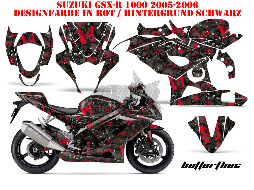 Butterfly Hintergrund = Schwarz, Designfarbe = Rot für Suzuki GSX R 1000 2005-2006