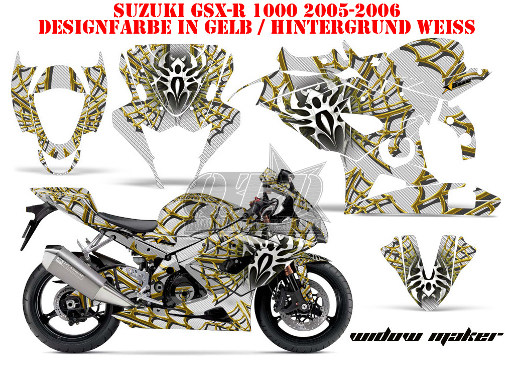 Widow Maker Hintergrund = Weiß, Designfarbe = Gelb für Suzuki GSX R 1000 2005-2006