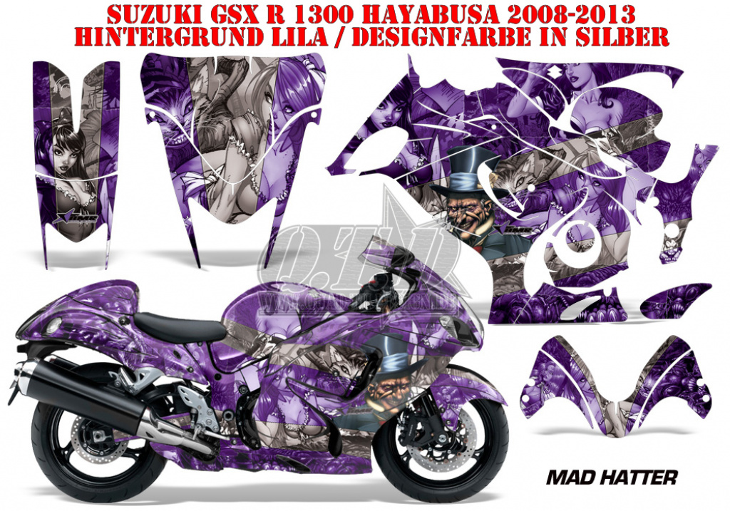 Mad-Hatter Hintergrund = Lila, Designfarbe = Silber für Suzuki GSX R 1300 Hayabusa 2008-2018