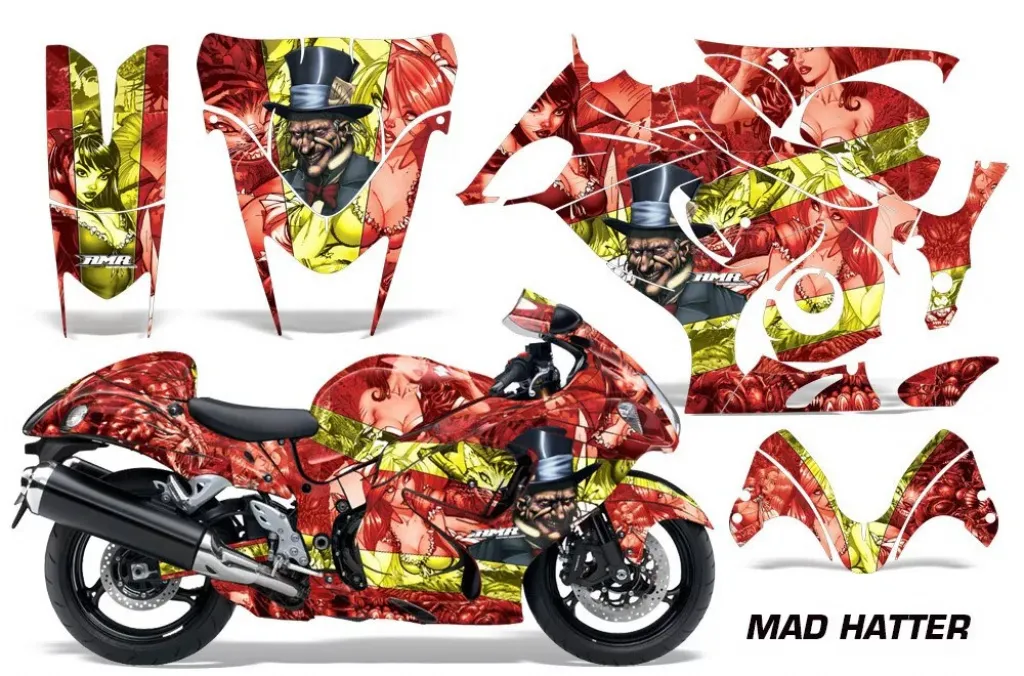 Mad-Hatter Hintergrund = Rot, Designfarbe = Gelb für Suzuki GSX R 1300 Hayabusa 2008-2018
