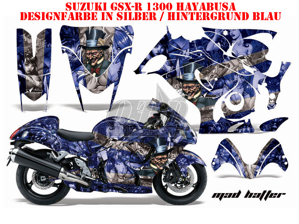 Mad-Hatter Hintergrund = Blau, Designfarbe = Silber für Suzuki GSX R 1300 Hayabusa 2008-2018