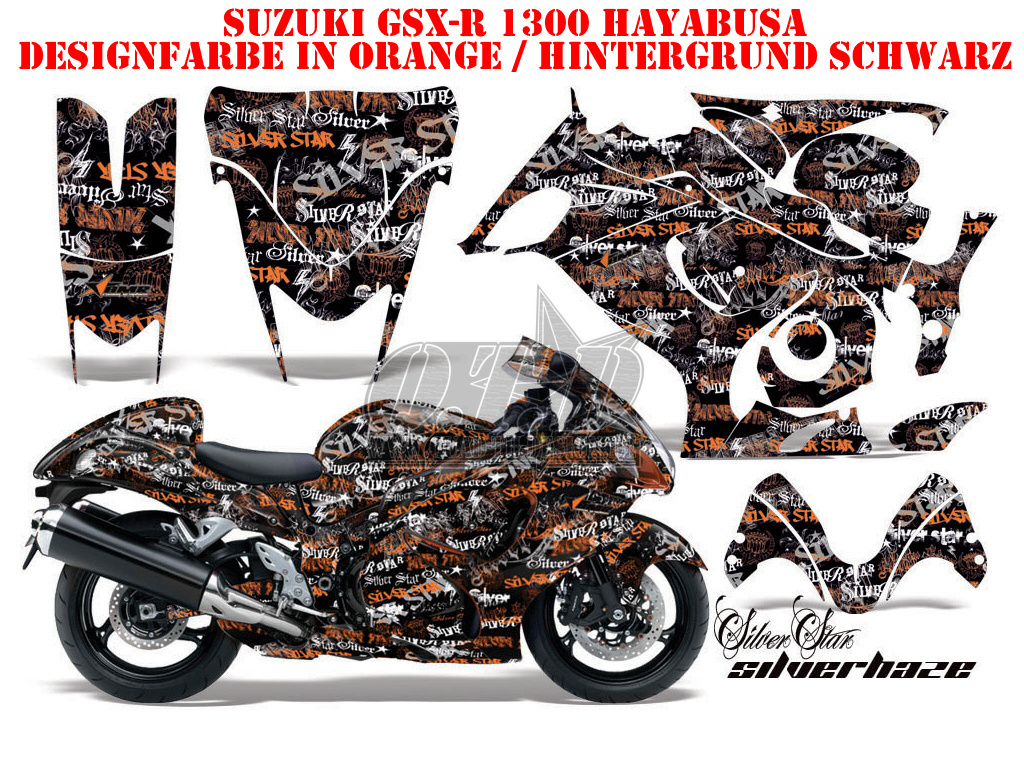 SilverStar - Silverhaze Hintergrund = Schwarz, Designfarbe = Orange für Suzuki GSX R 1300 Hayabusa 2008-2018