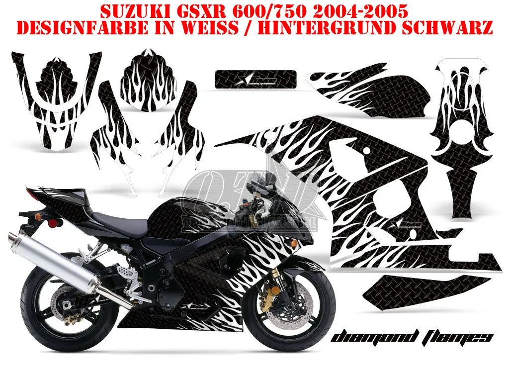 Diamond Flames Hintergrund = Schwarz, Designfarbe = Weiß für Suzuki GSXR 600/750 2004-2005