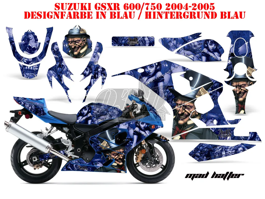 Mad-Hatter Hintergrund = Blau, Designfarbe = Blau für Suzuki GSXR 600/750 2004-2005