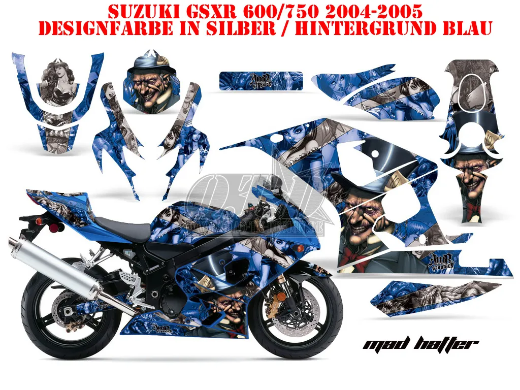 Mad-Hatter Hintergrund = Blau, Designfarbe = Silber für Suzuki GSXR 600/750 2004-2005