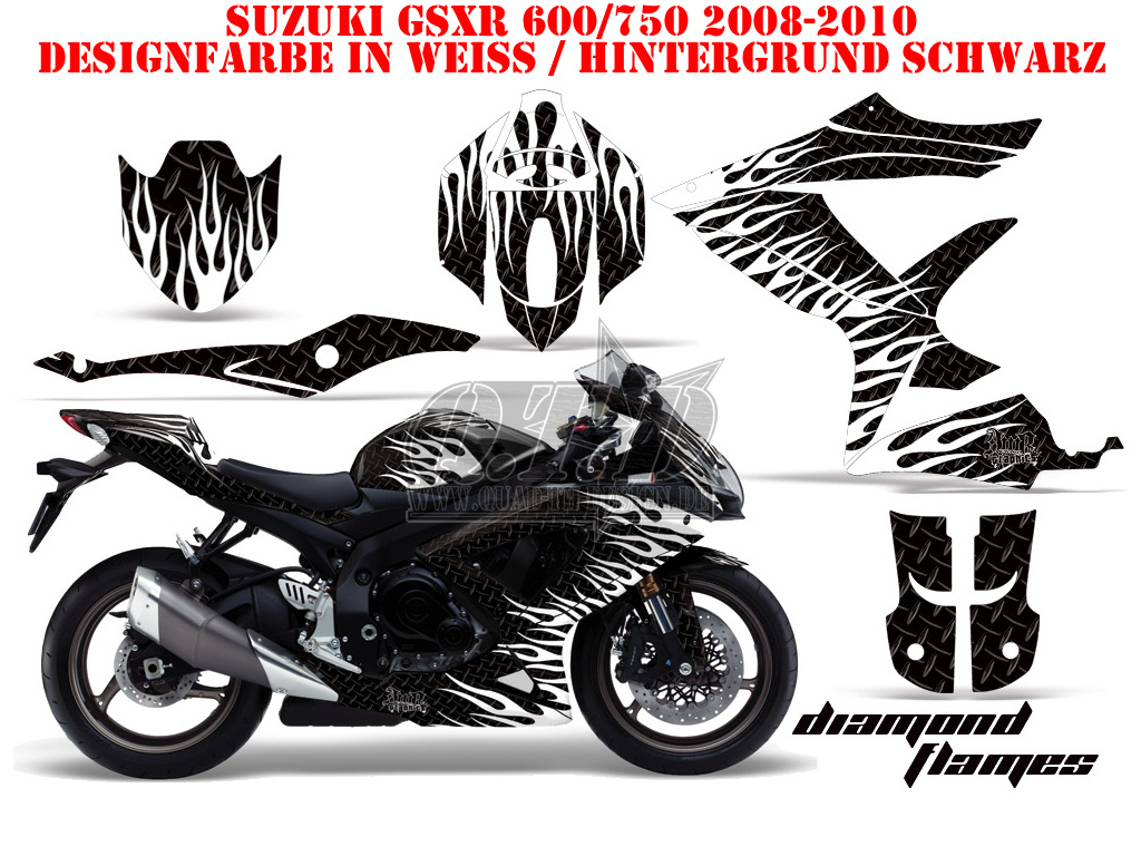 Diamond Flames Hintergrund = Schwarz, Designfarbe = Weiß für Suzuki GSXR 600/750 2008-2010